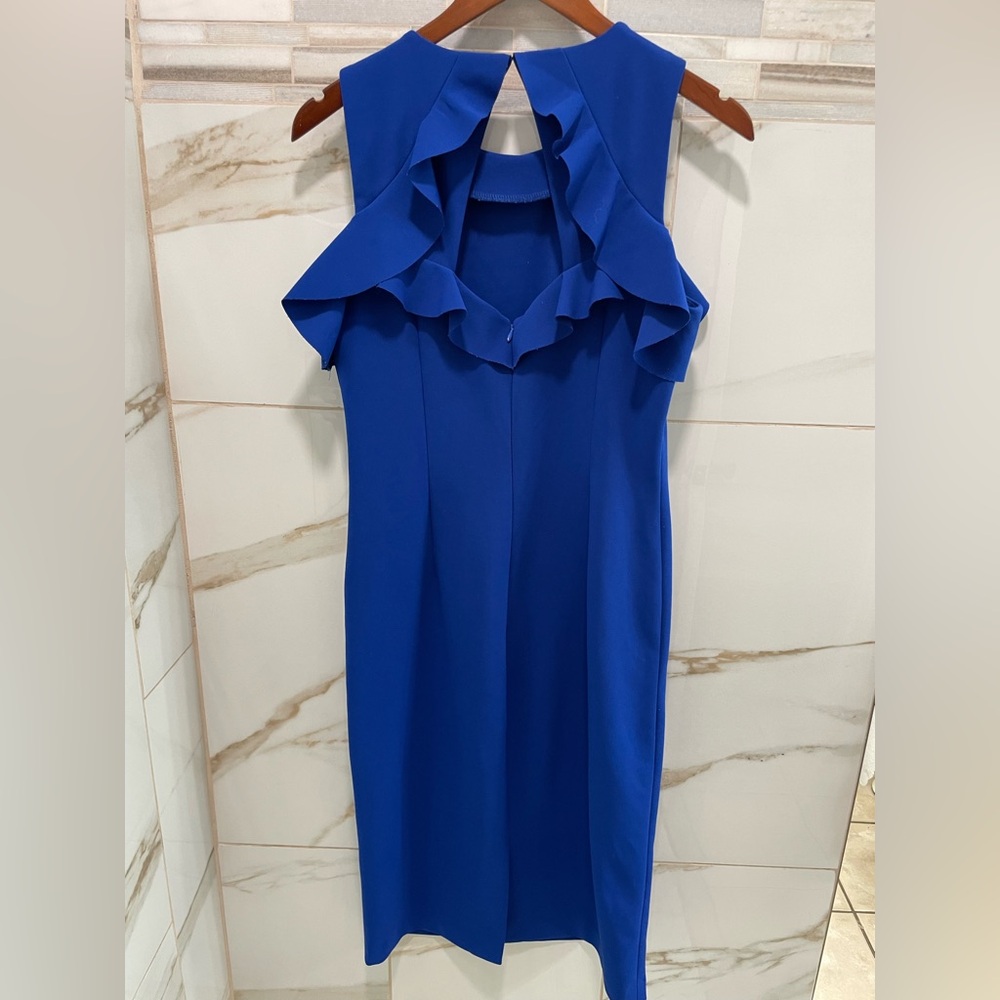 Ivanka Trump Royal Blue Ruffle Cold Shoulder Midi Dress • Size 8 cocktail - Picture 7 of 12